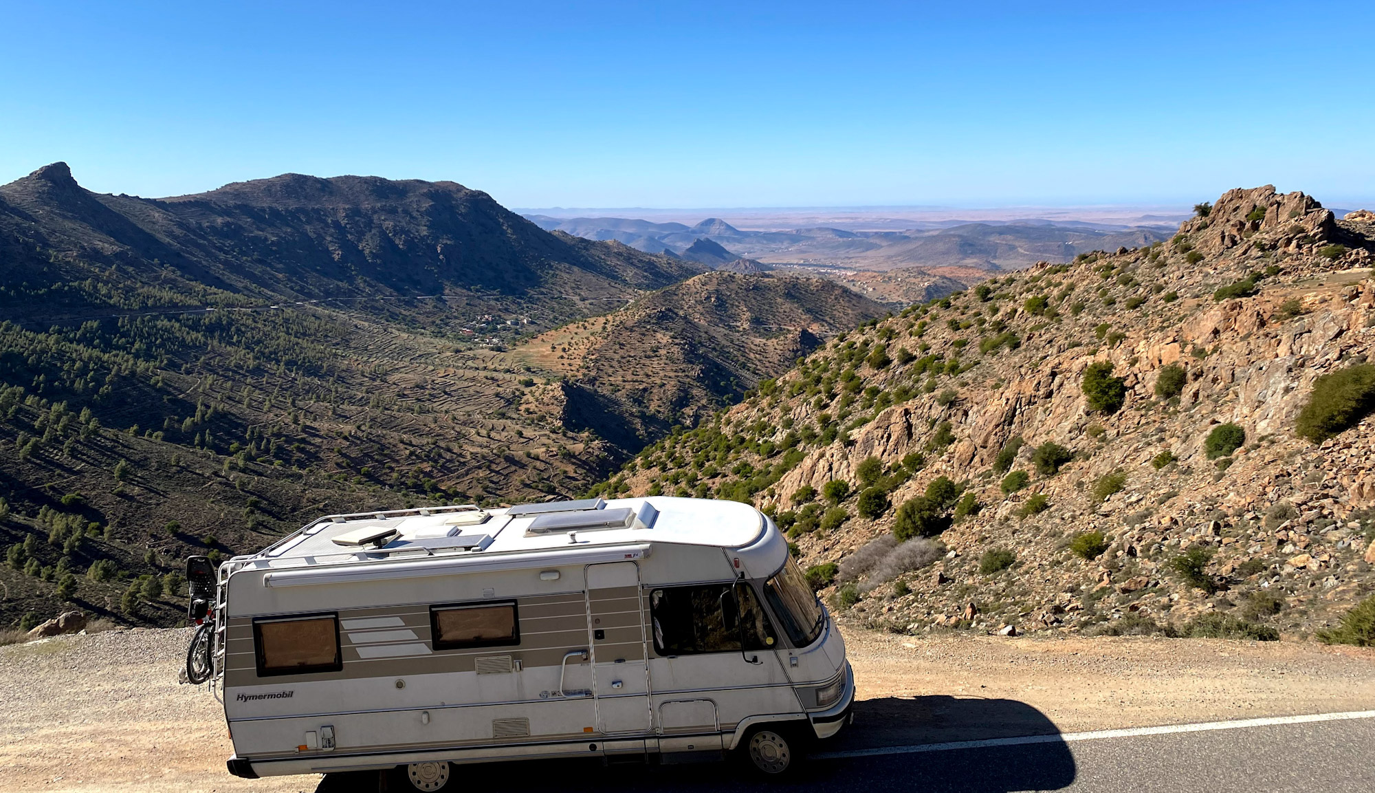 Classic Hymer motorhome high at a viewpoint in the Anti Atlas mountains, Morocco