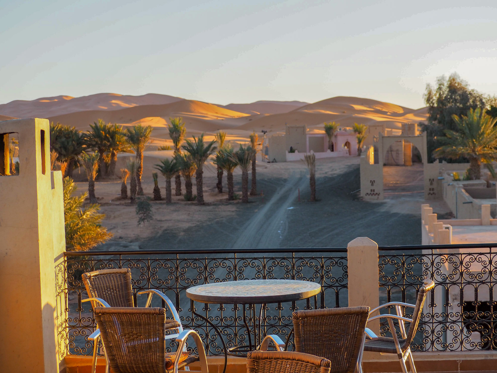 View from hotel terrace of Sahara Dunes, Merzouga