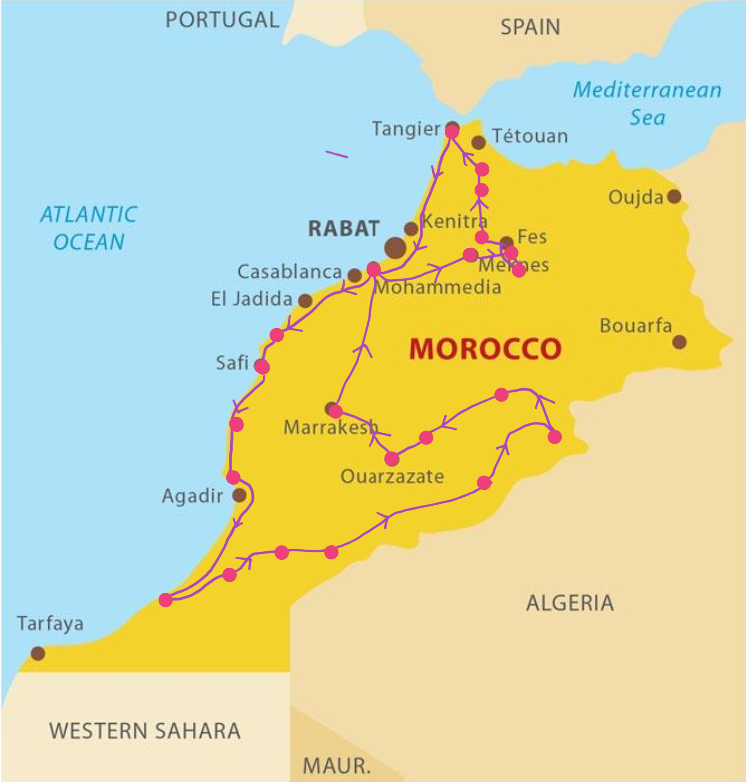 Map of Morocco: 1 month tour route
