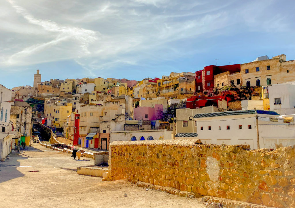 View of a jumble of houses set on a hillside, at Bhalil, Morocco