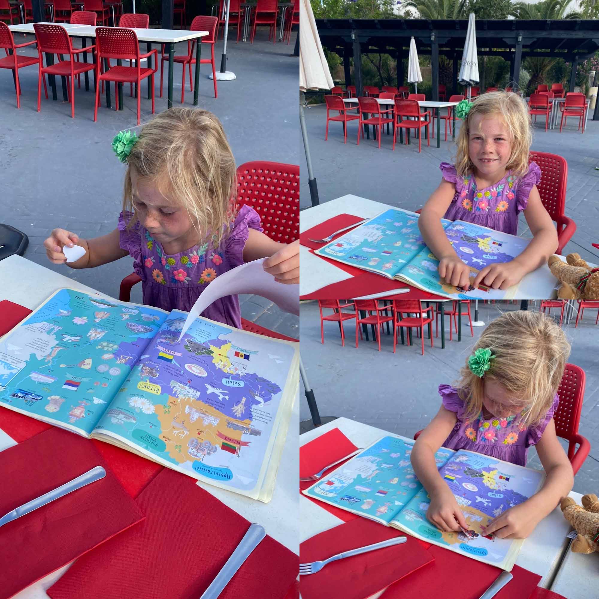 collage of images of a young girl sat at a table sticking stickers into a travel-themed sticker book