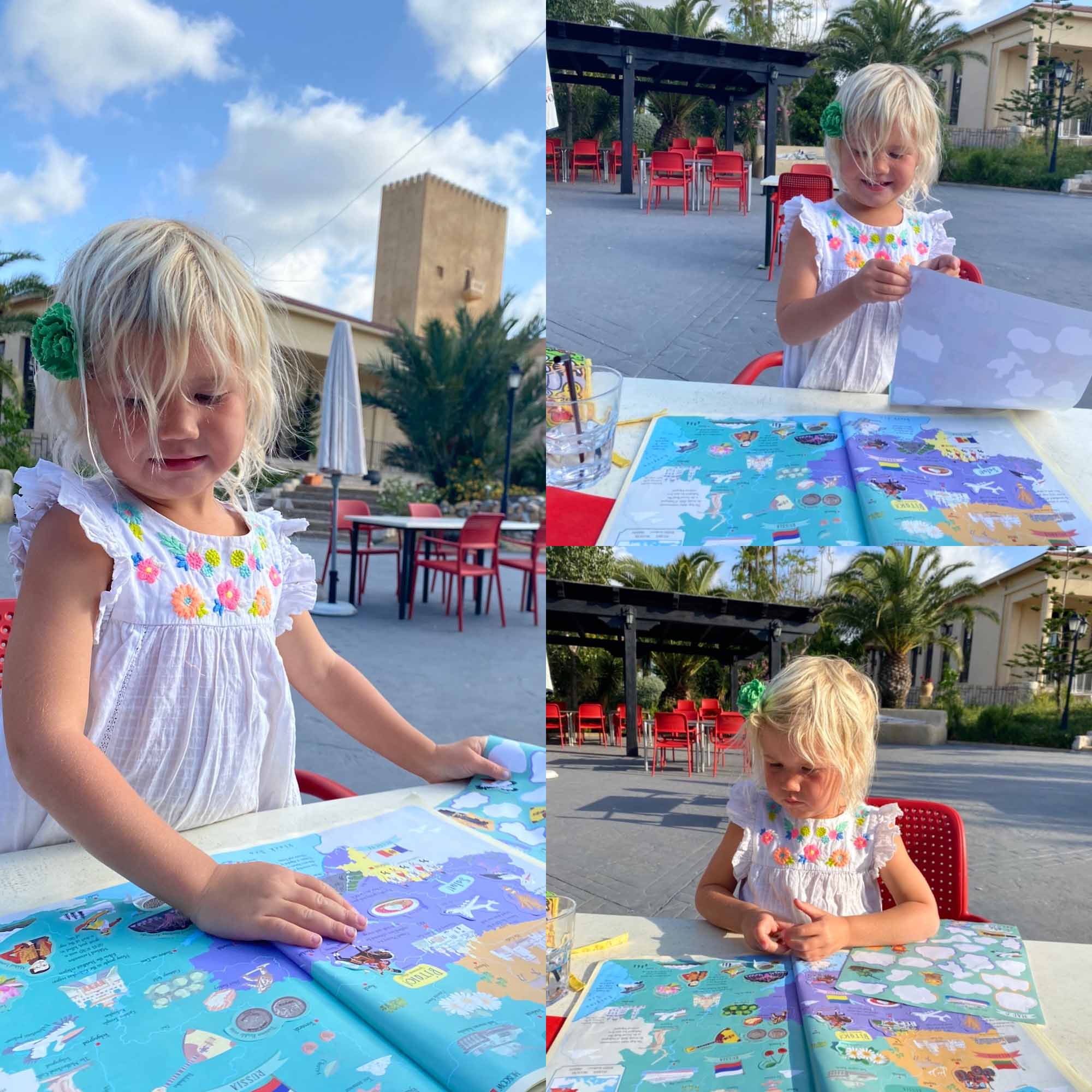 collage of images of a young girl sat at a restaurant table sticking stickers into a travel-themed sticker book