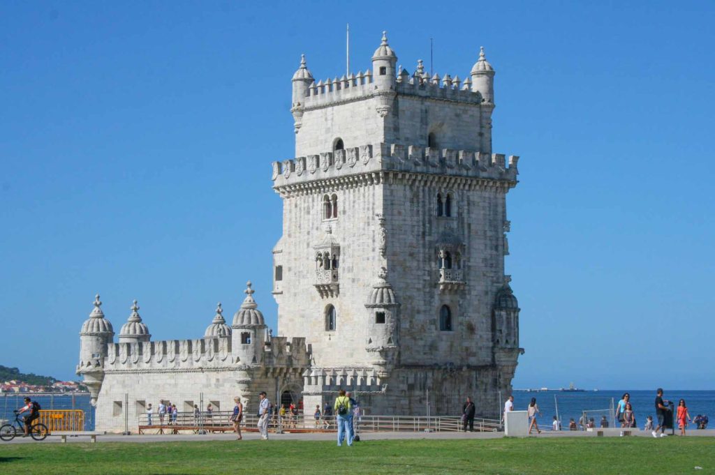 View of the decorative Tower of Belém, Lisbon, with sea behind