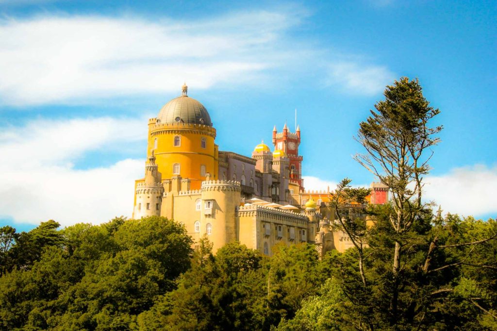 The beautiful, hilltop palace of Pena in Sintra, Portugal, complete with tower and domed ceiling