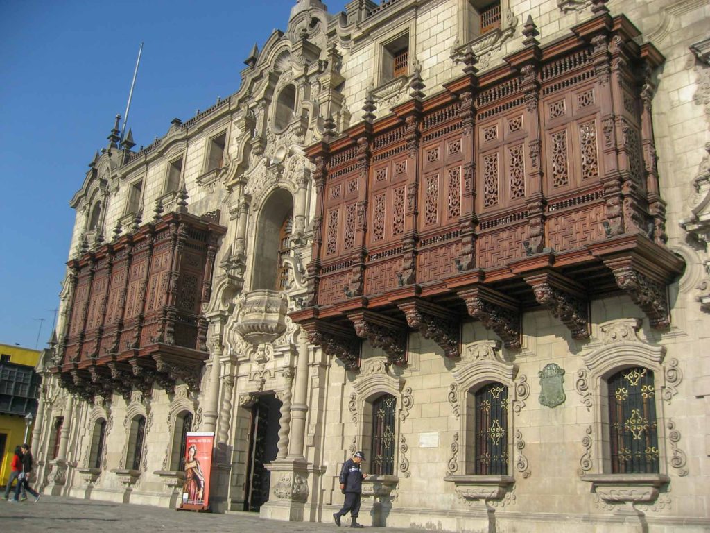 View of a historical building with partially wood carved exterior, in Lima, Peru