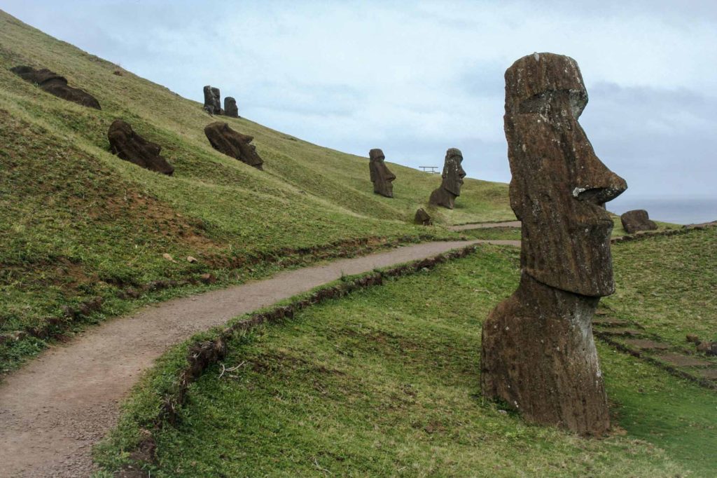 A grass hillside with many scattered large stone Moais, on Easter Island