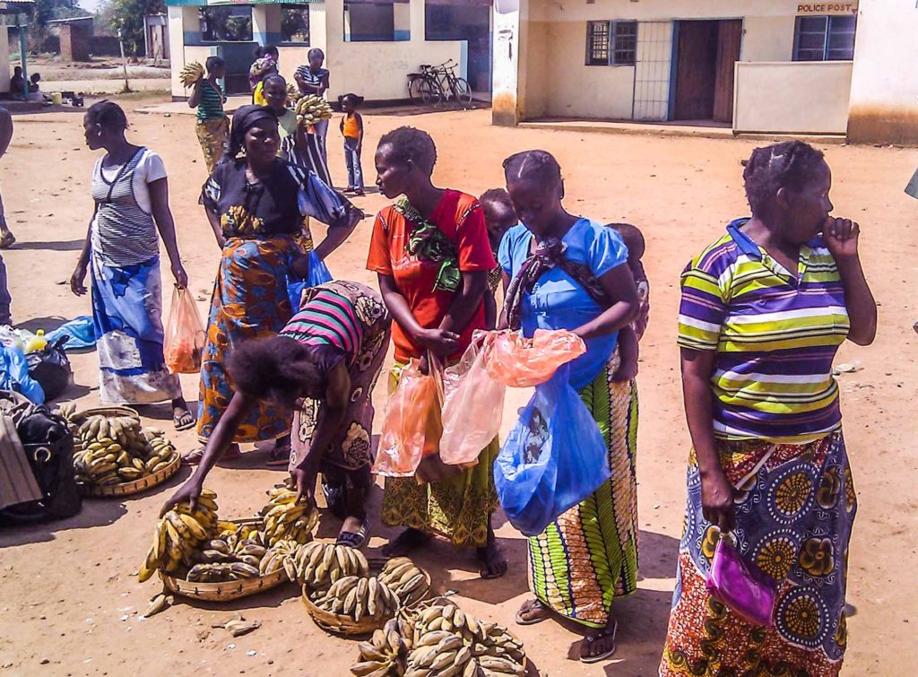 Line of ladies selling bananas from wooden bowls, wearing colourful patterned traditional dress, in Zambia