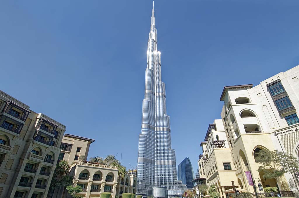View of the enormous, tapering Burj Khalifa skyscraper in Dubai