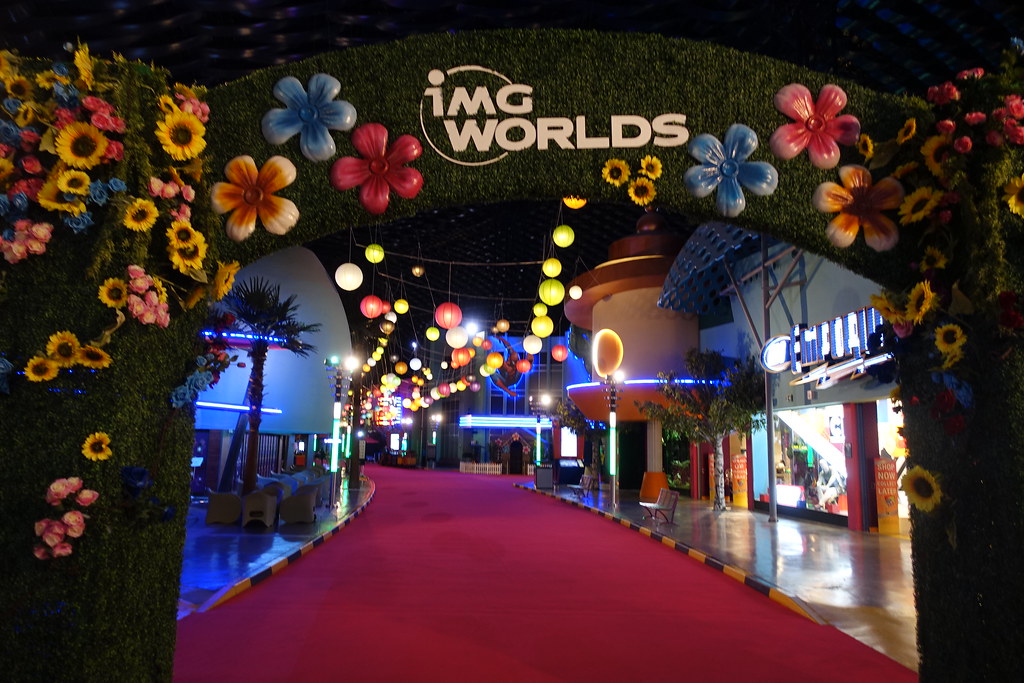 A decorated and illuminated street scene at IMG Worlds, Dubai