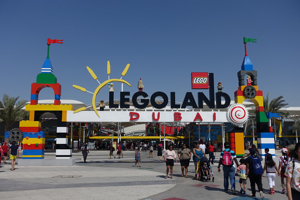 Large, colourful entrance gate at Legoland, Dubai