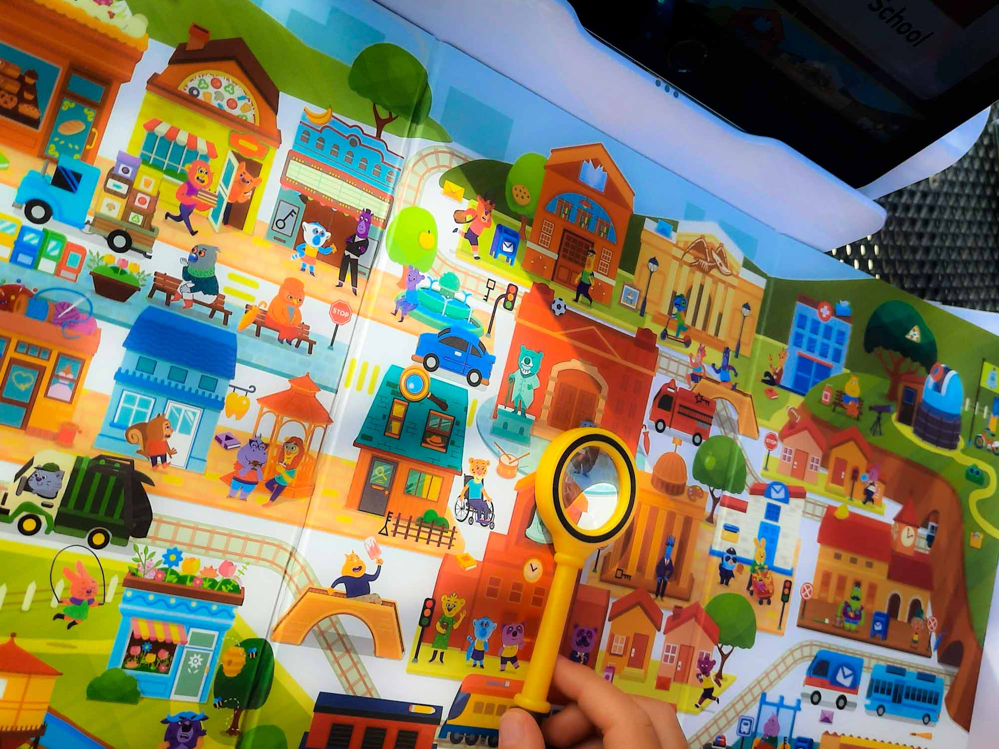 Close up of a colourful children's cartoon map of a town