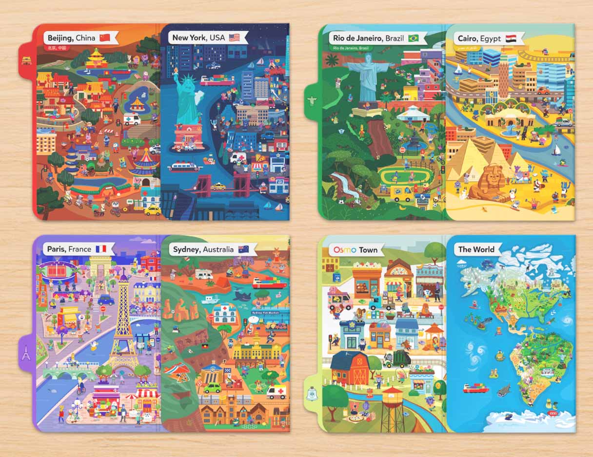 Overview shot of a selection of cartoon maps, used for the Osmo Detective Agency game