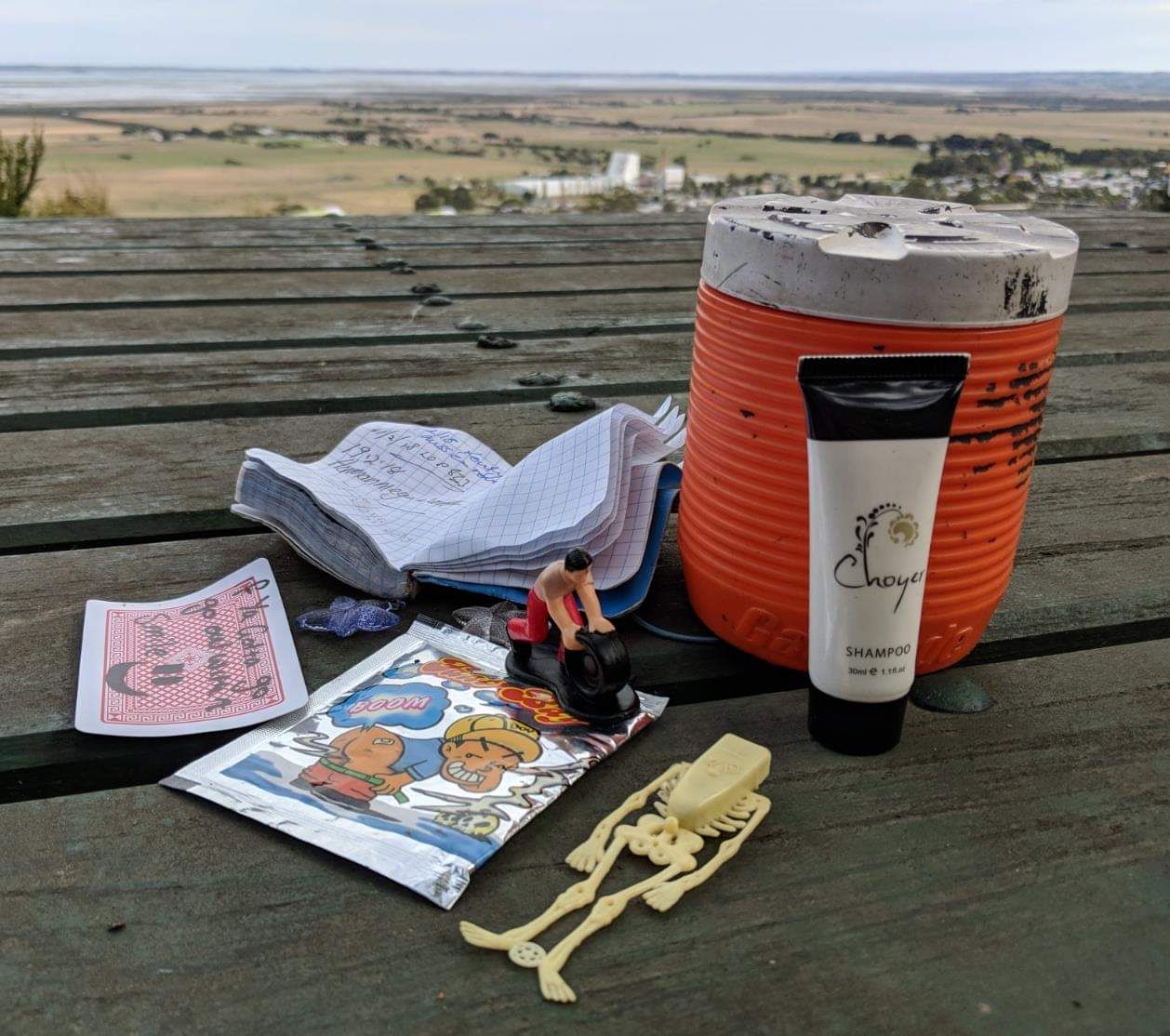 Contents of a geocache box spread across a table at a viewpoint