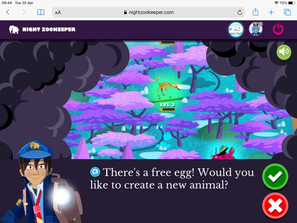 Screenshot of the online learning tool for children, 'The Night Zookeeper'
