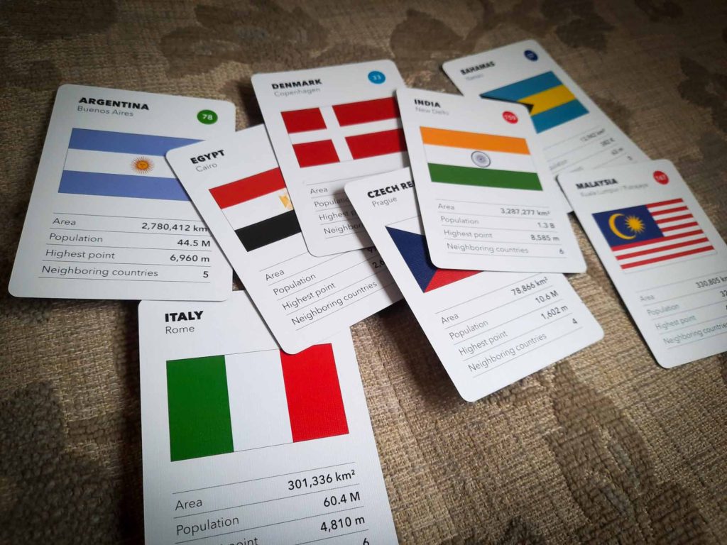 A scattering of game cards, each displaying facts about a different country, from 'The World Game'