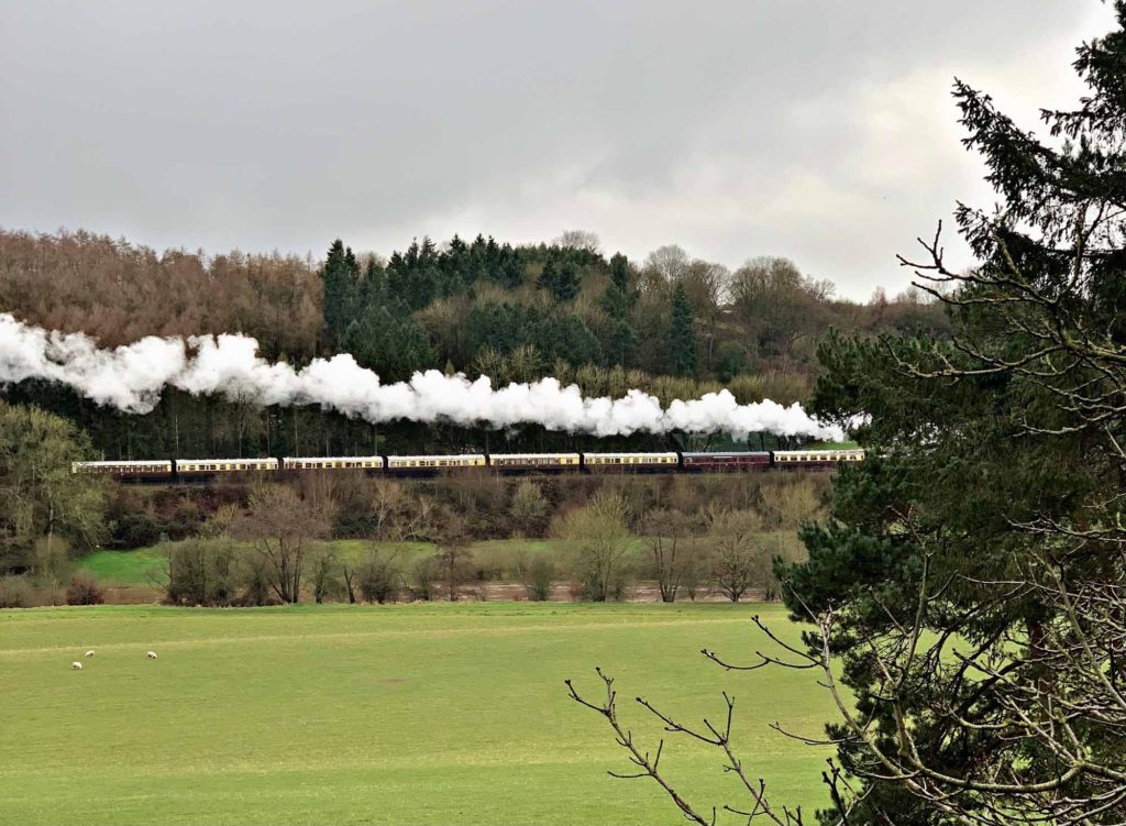 A steam train and carriages travelling through the countryside