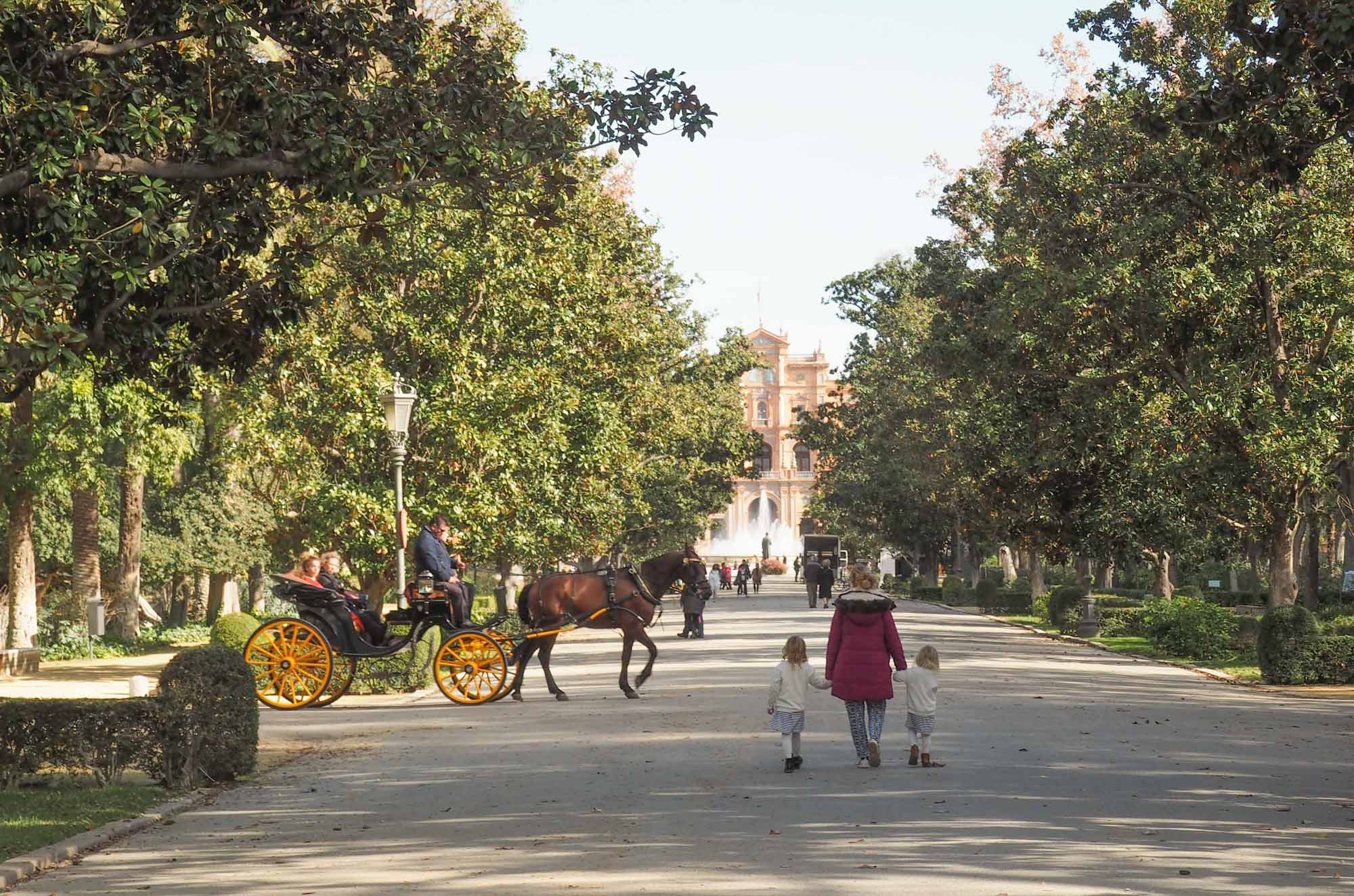Wide promenade through a city park, with a horse-drawn carriage