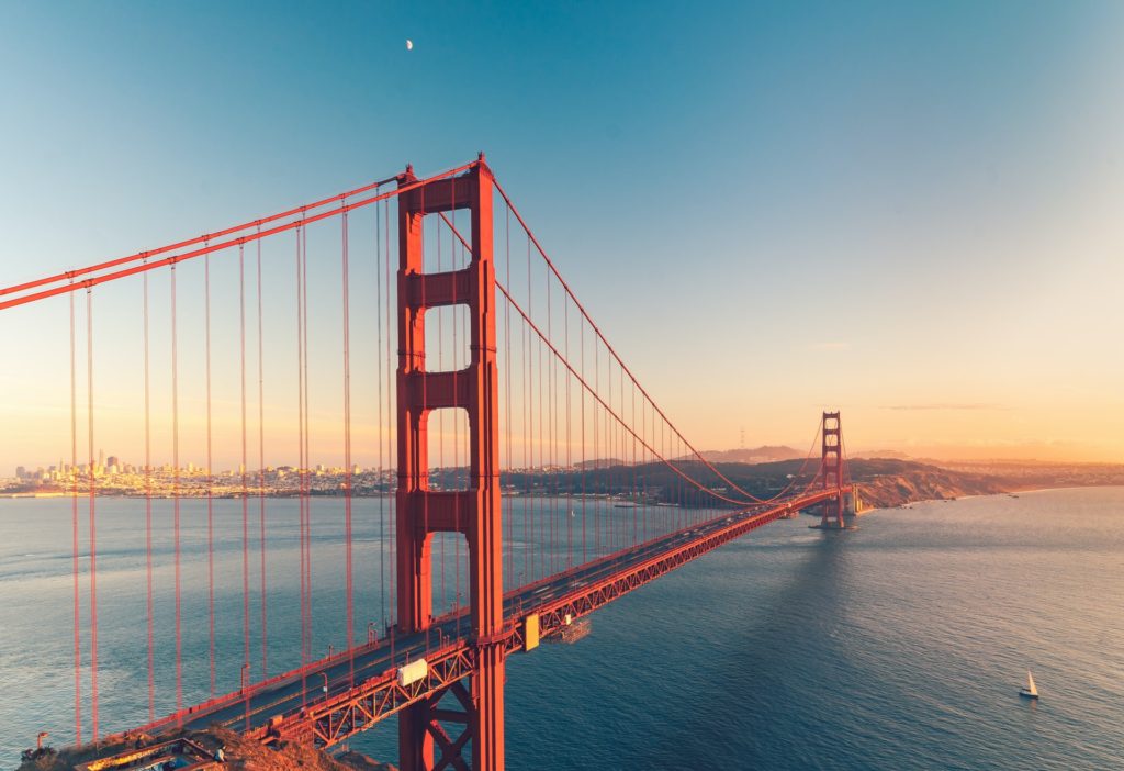 The Golden Gate Bridge, California, at sunset
